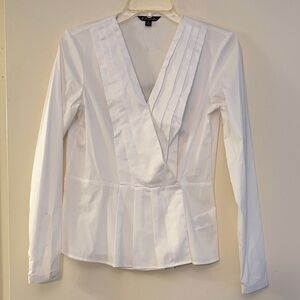 Brooks Brothers Women’s White Pleated Wrap-Front Long Sleeve Blouse Shirt, 2